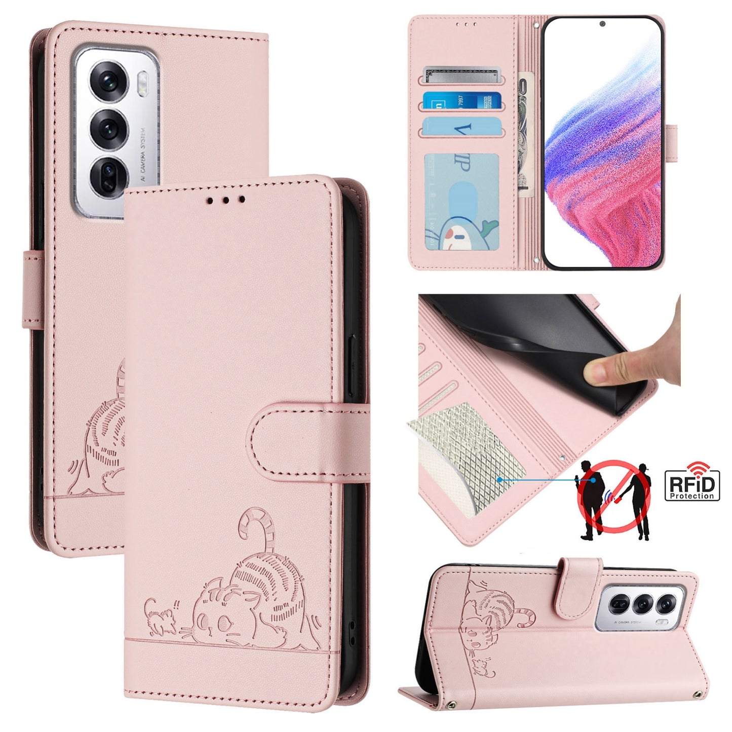 OPPO Reno12 Global Leather Phone Case with Cat and Rat Embossed Pattern, RFID Protection, Card Holder Slots, Anti-fall Feature & Lanyard