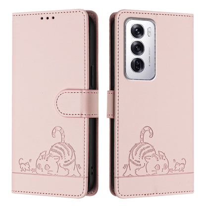 OPPO Reno12 Global Leather Phone Case with Cat and Rat Embossed Pattern, RFID Protection, Card Holder Slots, Anti-fall Feature & Lanyard