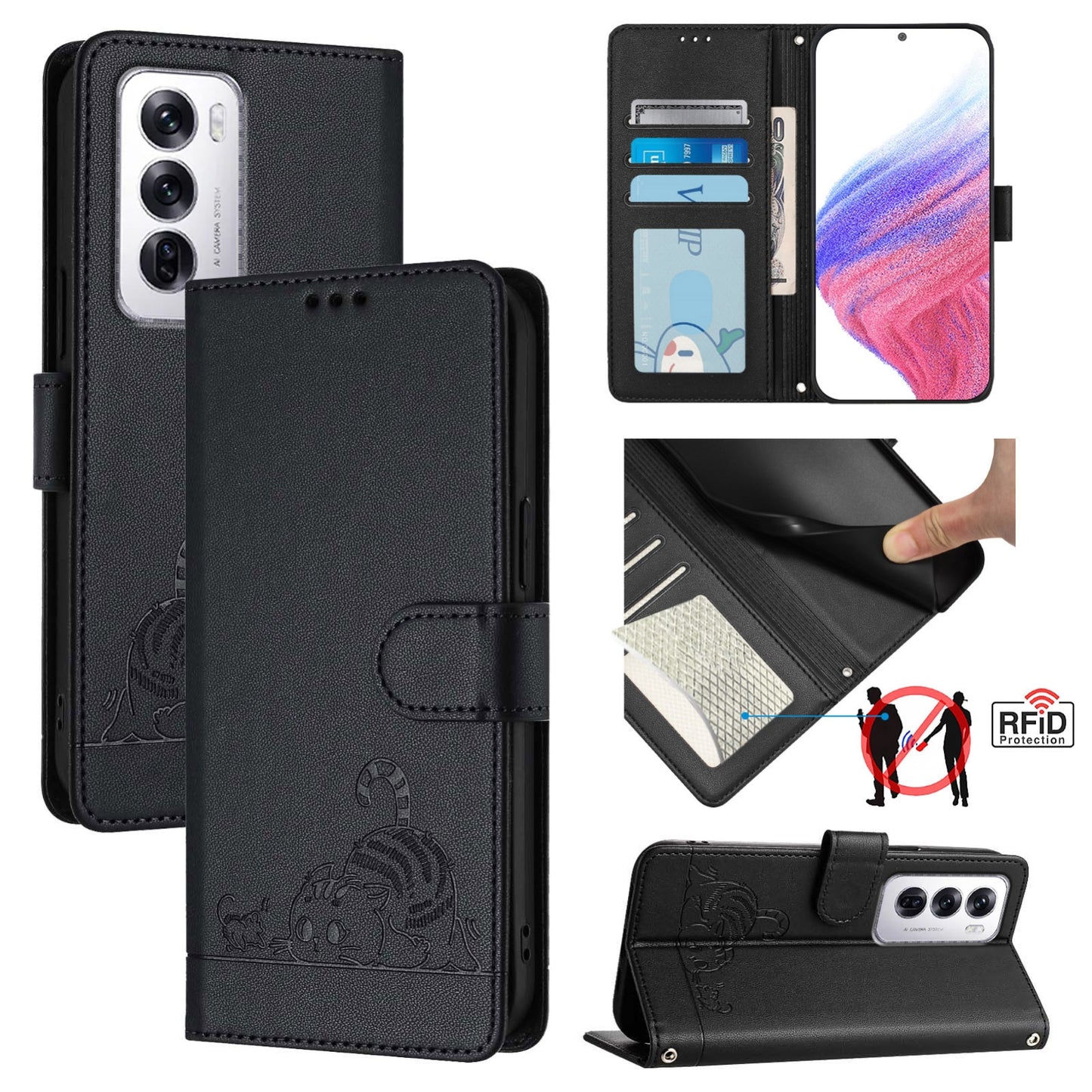 OPPO Reno12 Global Leather Phone Case with Cat and Rat Embossed Pattern, RFID Protection, Card Holder Slots, Anti-fall Feature & Lanyard