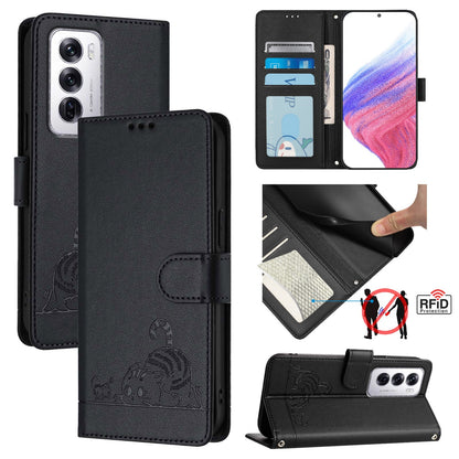 OPPO Reno12 Global Leather Phone Case with Cat and Rat Embossed Pattern, RFID Protection, Card Holder Slots, Anti-fall Feature & Lanyard