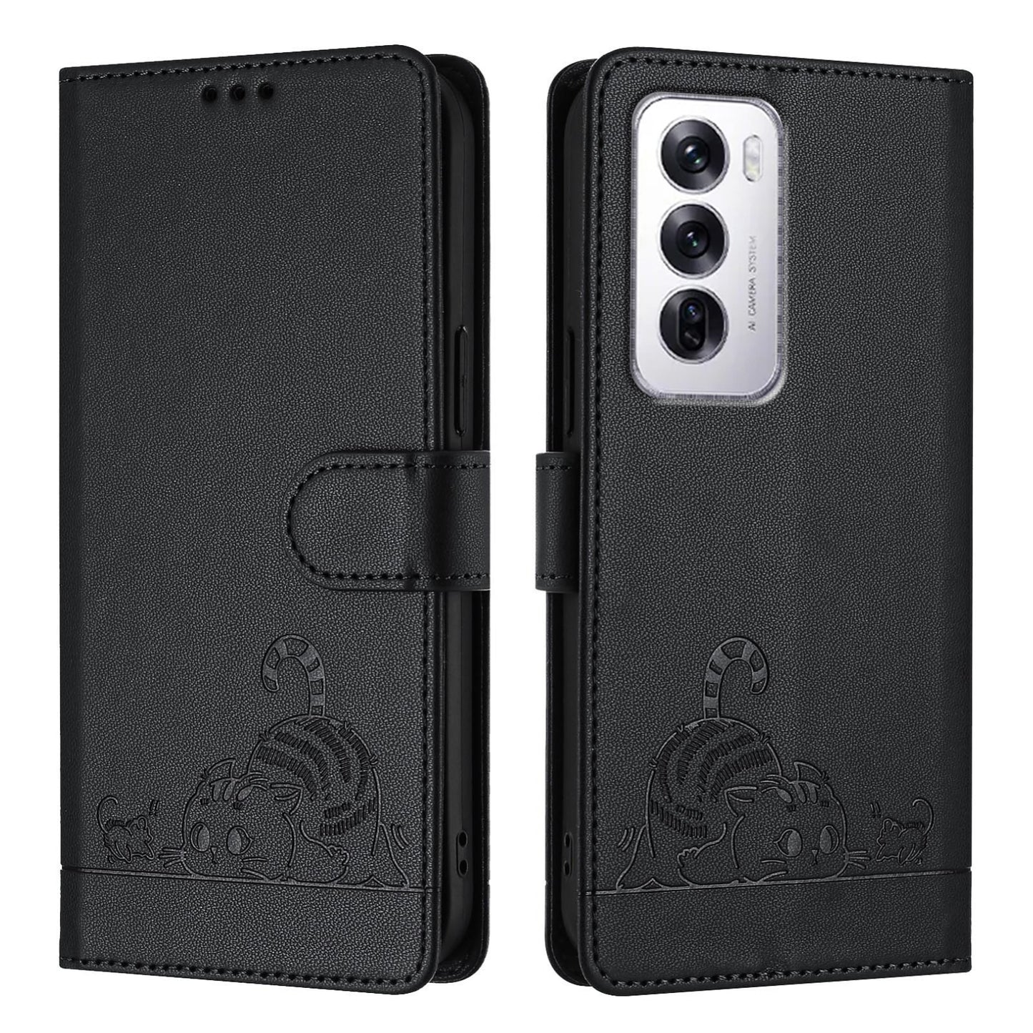 OPPO Reno12 Global Leather Phone Case with Cat and Rat Embossed Pattern, RFID Protection, Card Holder Slots, Anti-fall Feature & Lanyard