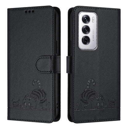 OPPO Reno12 Global Leather Phone Case with Cat and Rat Embossed Pattern, RFID Protection, Card Holder Slots, Anti-fall Feature & Lanyard