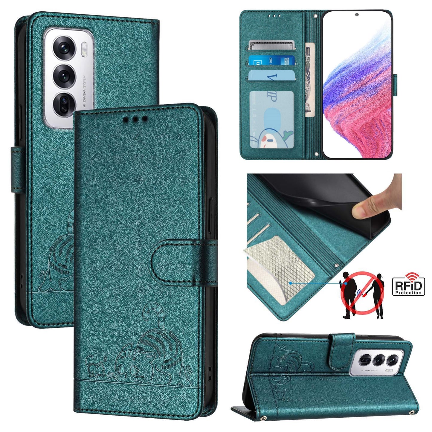 OPPO Reno12 Global Leather Phone Case with Cat and Rat Embossed Pattern, RFID Protection, Card Holder Slots, Anti-fall Feature & Lanyard