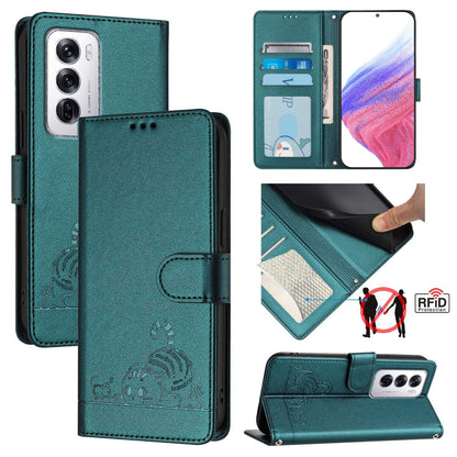 OPPO Reno12 Global Leather Phone Case with Cat and Rat Embossed Pattern, RFID Protection, Card Holder Slots, Anti-fall Feature & Lanyard