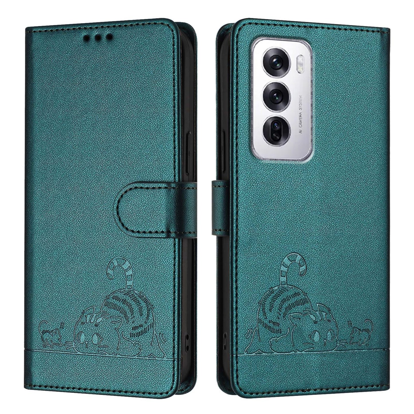 OPPO Reno12 Global Leather Phone Case with Cat and Rat Embossed Pattern, RFID Protection, Card Holder Slots, Anti-fall Feature & Lanyard