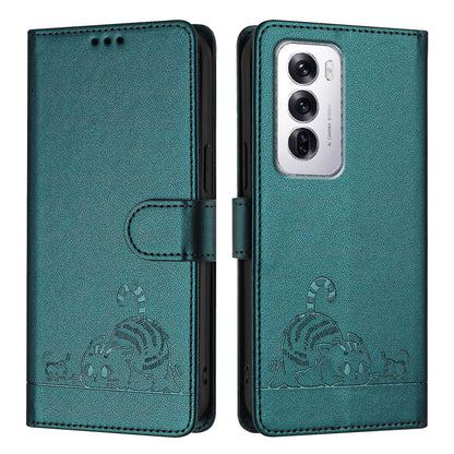 OPPO Reno12 Global Leather Phone Case with Cat and Rat Embossed Pattern, RFID Protection, Card Holder Slots, Anti-fall Feature & Lanyard