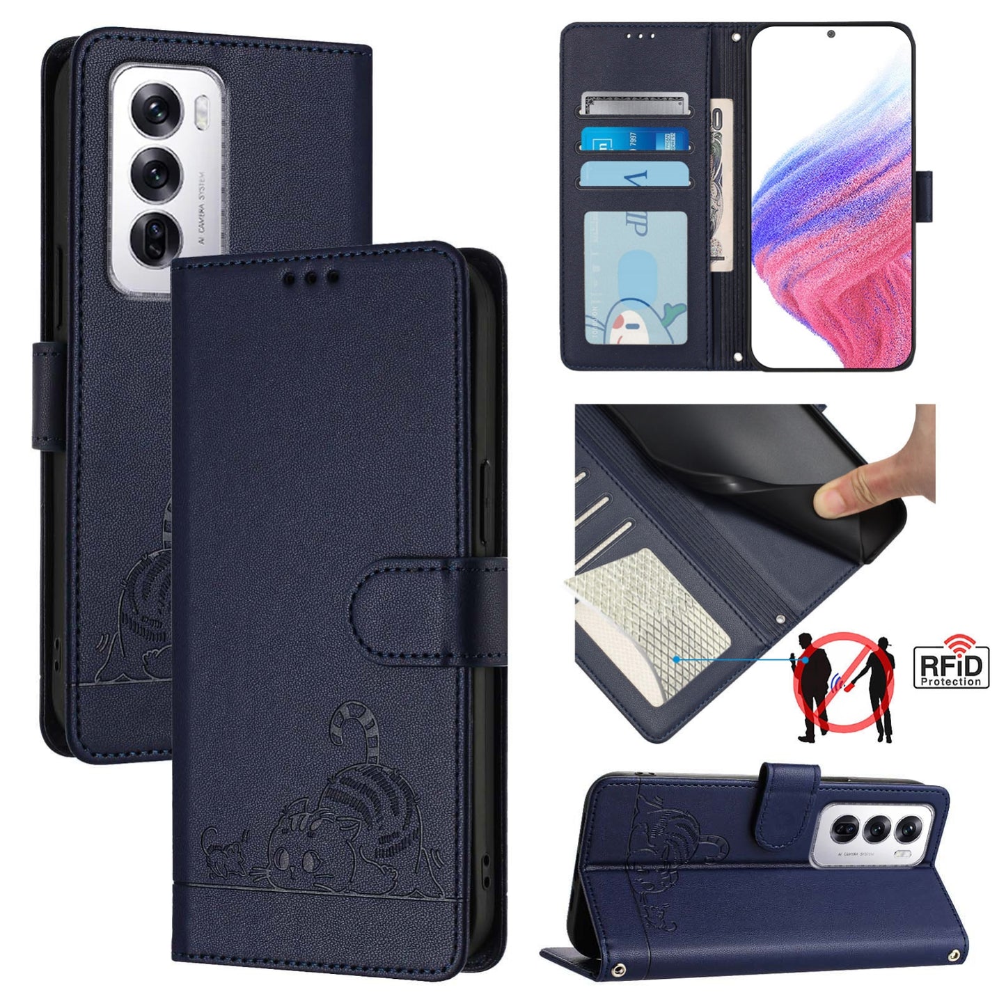 OPPO Reno12 Global Leather Phone Case with Cat and Rat Embossed Pattern, RFID Protection, Card Holder Slots, Anti-fall Feature & Lanyard