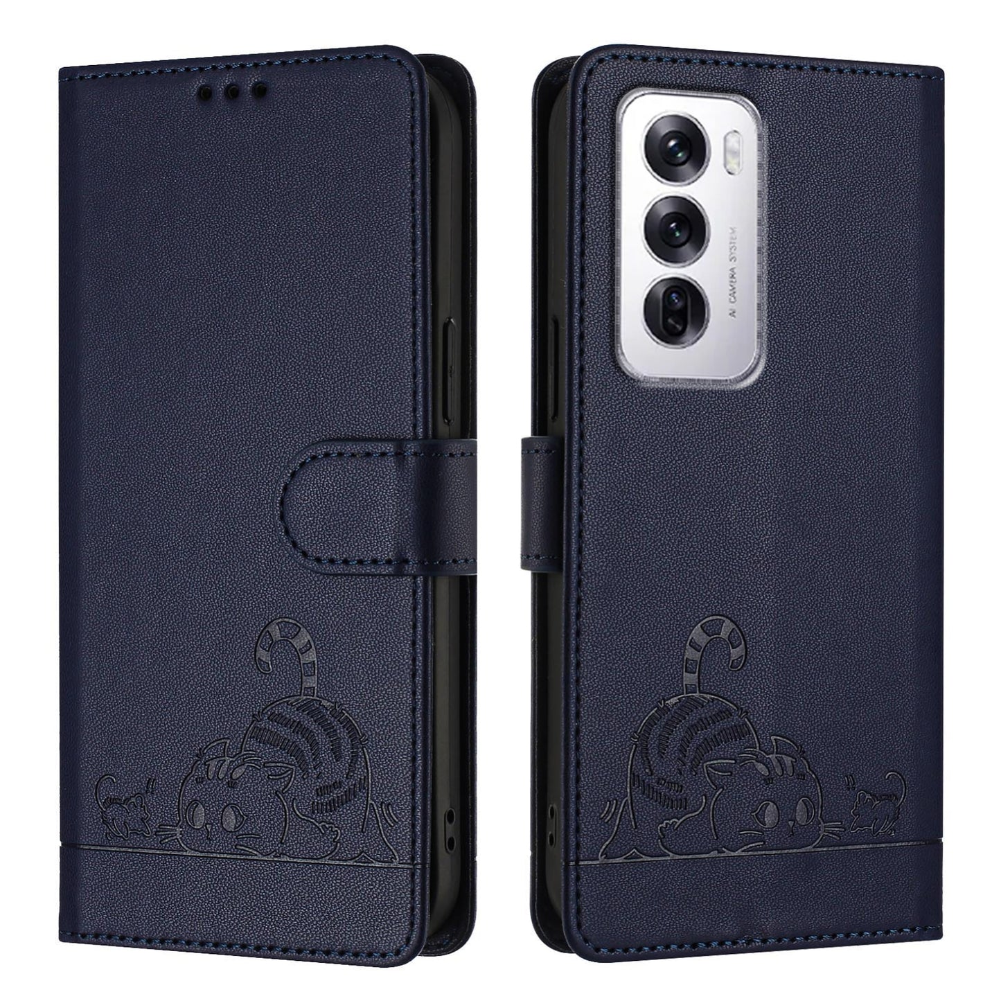 OPPO Reno12 Global Leather Phone Case with Cat and Rat Embossed Pattern, RFID Protection, Card Holder Slots, Anti-fall Feature & Lanyard