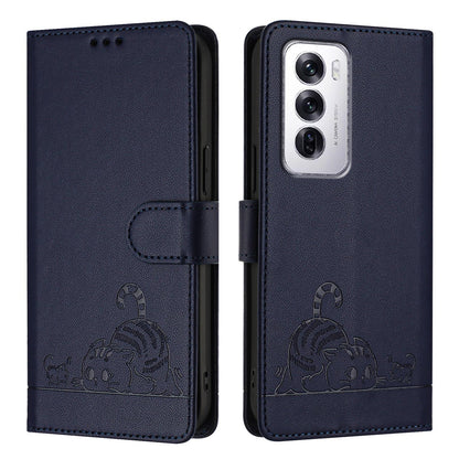 OPPO Reno12 Global Leather Phone Case with Cat and Rat Embossed Pattern, RFID Protection, Card Holder Slots, Anti-fall Feature & Lanyard