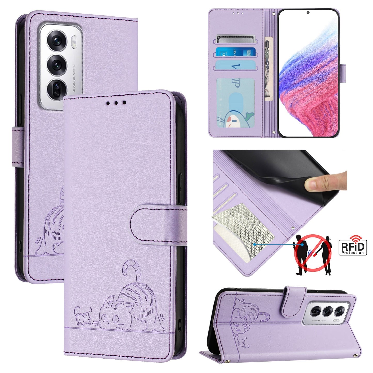 OPPO Reno12 Global Leather Phone Case with Cat and Rat Embossed Pattern, RFID Protection, Card Holder Slots, Anti-fall Feature & Lanyard