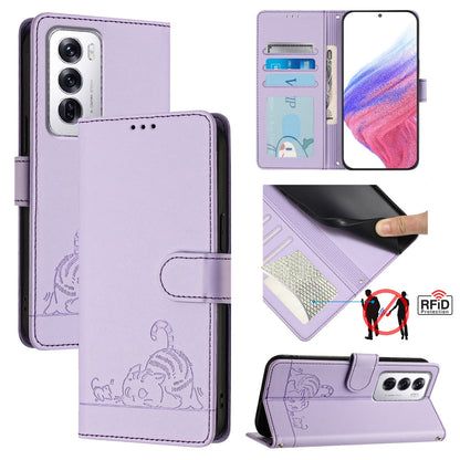 OPPO Reno12 Global Leather Phone Case with Cat and Rat Embossed Pattern, RFID Protection, Card Holder Slots, Anti-fall Feature & Lanyard
