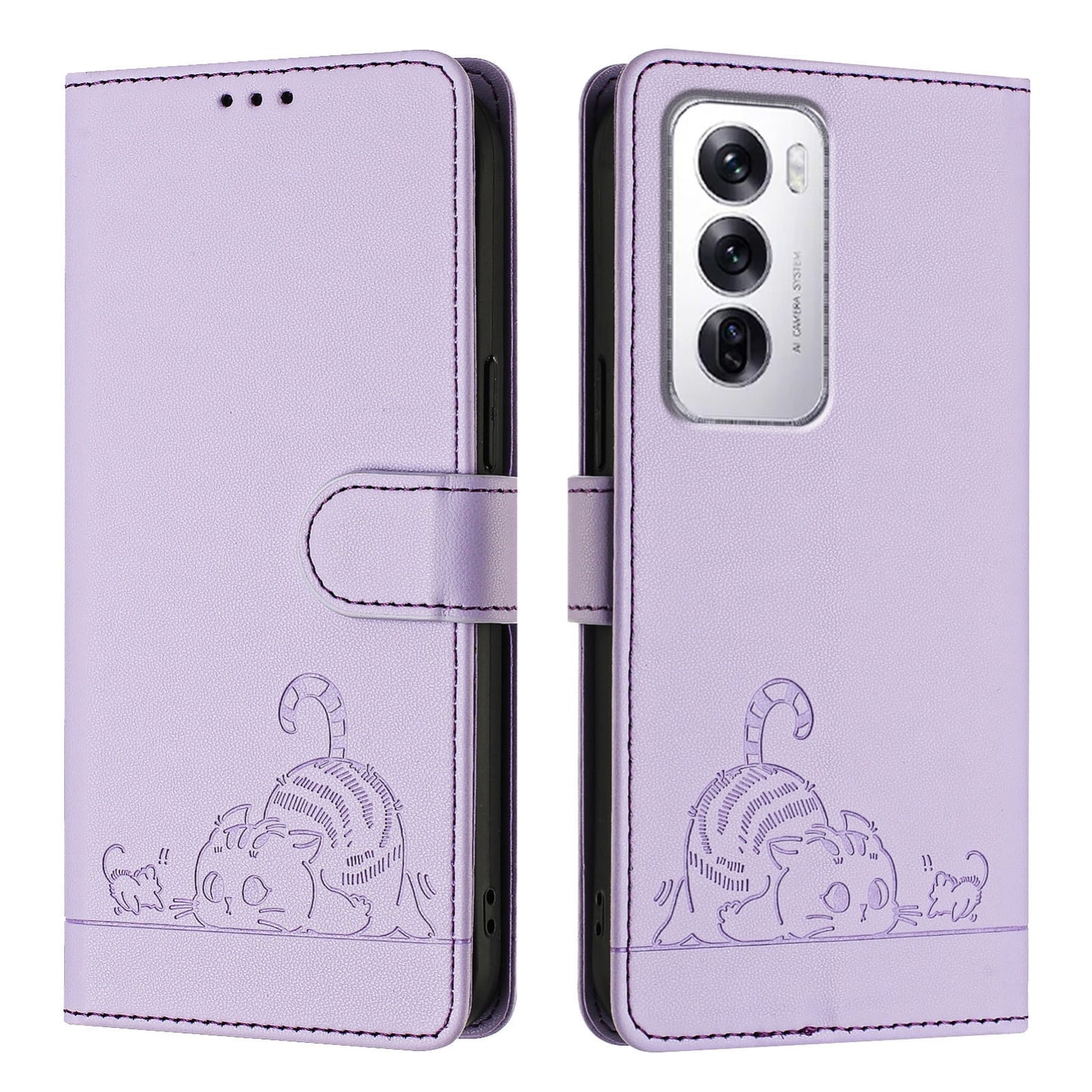 OPPO Reno12 Global Leather Phone Case with Cat and Rat Embossed Pattern, RFID Protection, Card Holder Slots, Anti-fall Feature & Lanyard