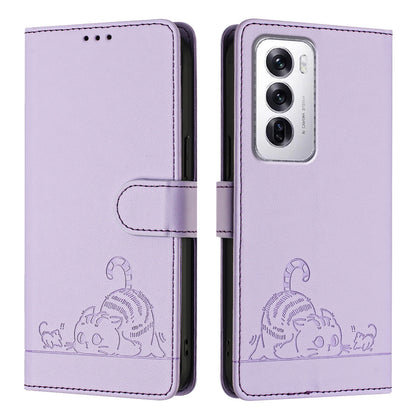 OPPO Reno12 Global Leather Phone Case with Cat and Rat Embossed Pattern, RFID Protection, Card Holder Slots, Anti-fall Feature & Lanyard