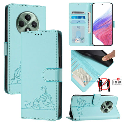 OPPO Reno12 F Global Leather Phone Case with Cat and Rat Embossed Pattern, RFID Protection, Card Holder Slots, Anti-fall Feature & Lanyard