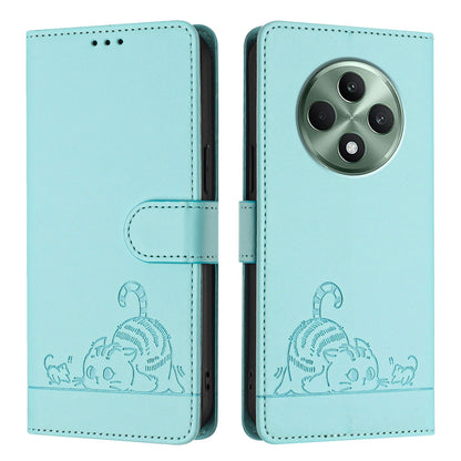 OPPO Reno12 F Global Leather Phone Case with Cat and Rat Embossed Pattern, RFID Protection, Card Holder Slots, Anti-fall Feature & Lanyard