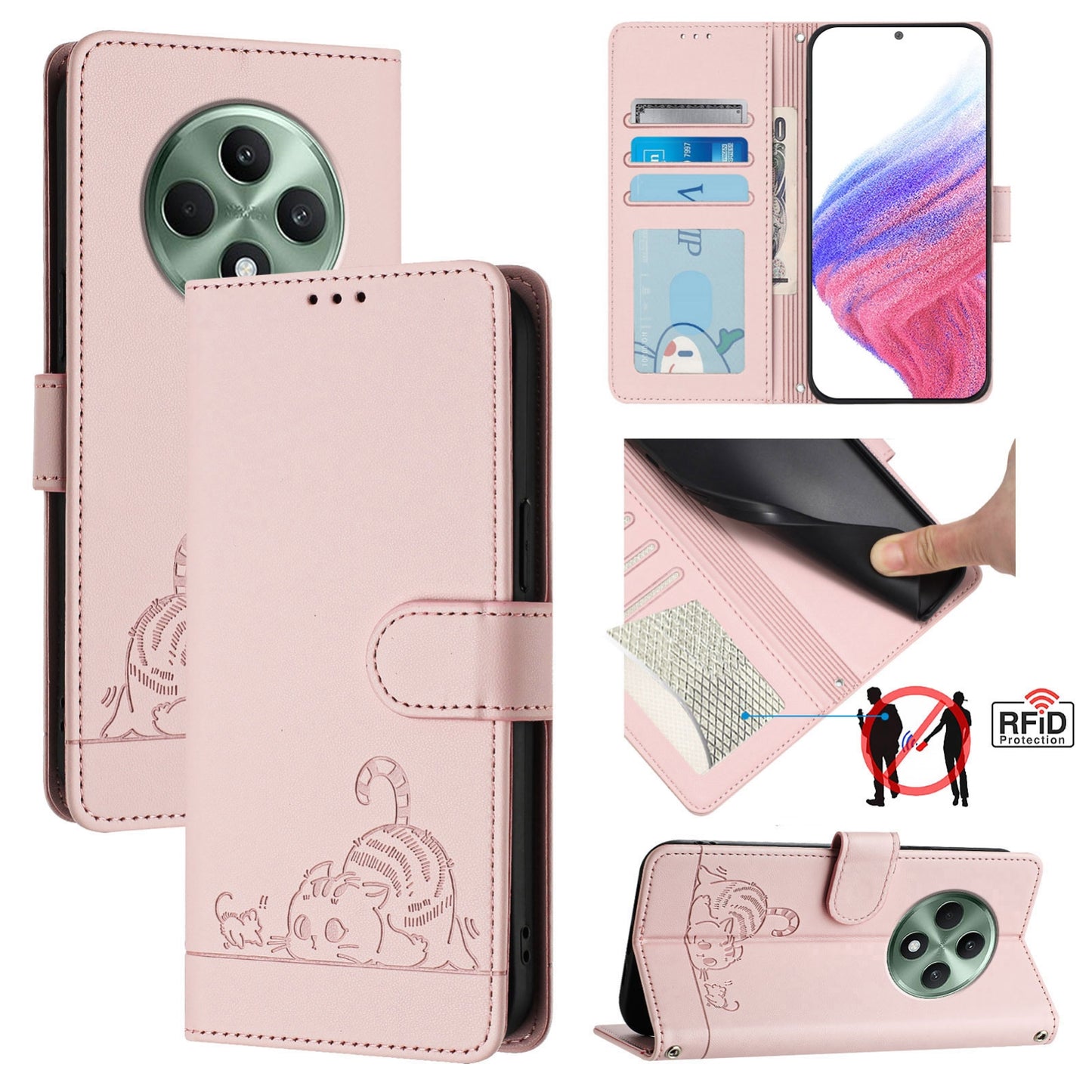 OPPO Reno12 F Global Leather Phone Case with Cat and Rat Embossed Pattern, RFID Protection, Card Holder Slots, Anti-fall Feature & Lanyard