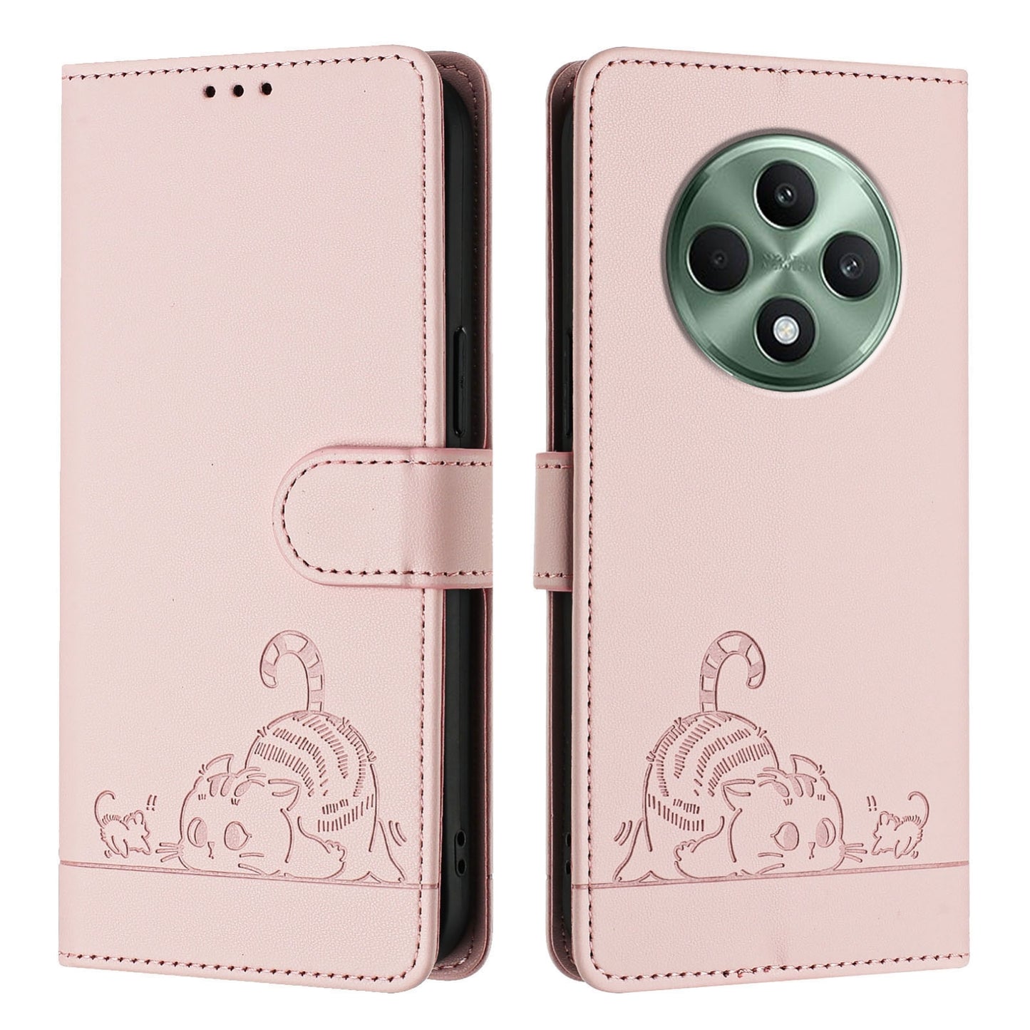 OPPO Reno12 F Global Leather Phone Case with Cat and Rat Embossed Pattern, RFID Protection, Card Holder Slots, Anti-fall Feature & Lanyard