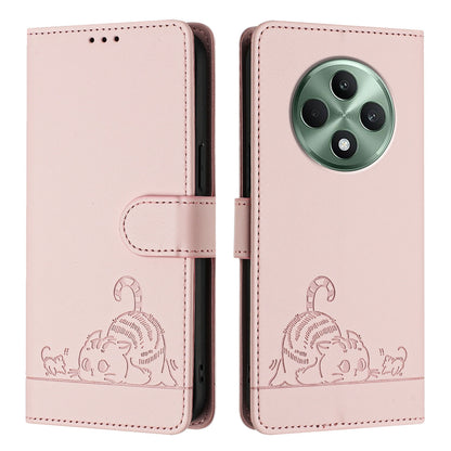 OPPO Reno12 F Global Leather Phone Case with Cat and Rat Embossed Pattern, RFID Protection, Card Holder Slots, Anti-fall Feature & Lanyard