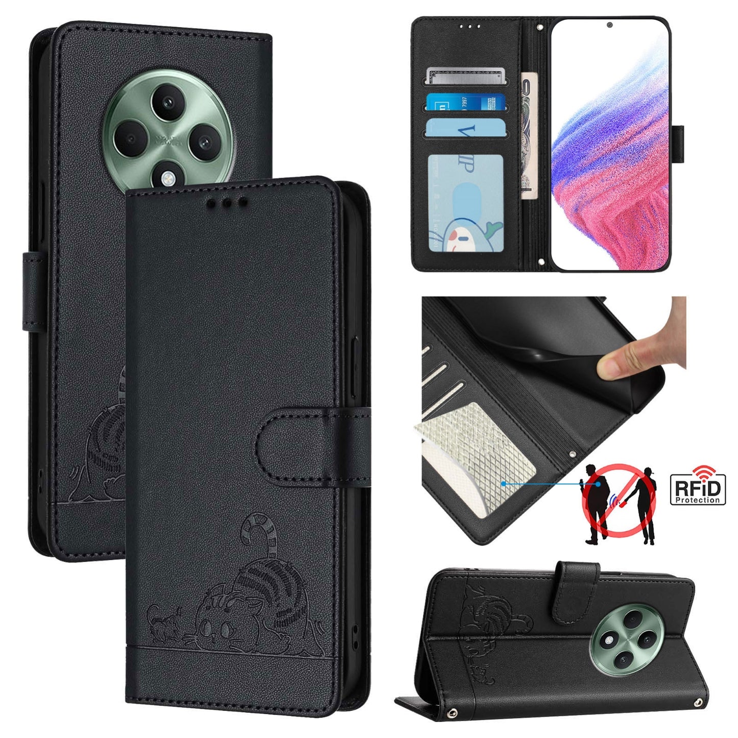OPPO Reno12 F Global Leather Phone Case with Cat and Rat Embossed Pattern, RFID Protection, Card Holder Slots, Anti-fall Feature & Lanyard