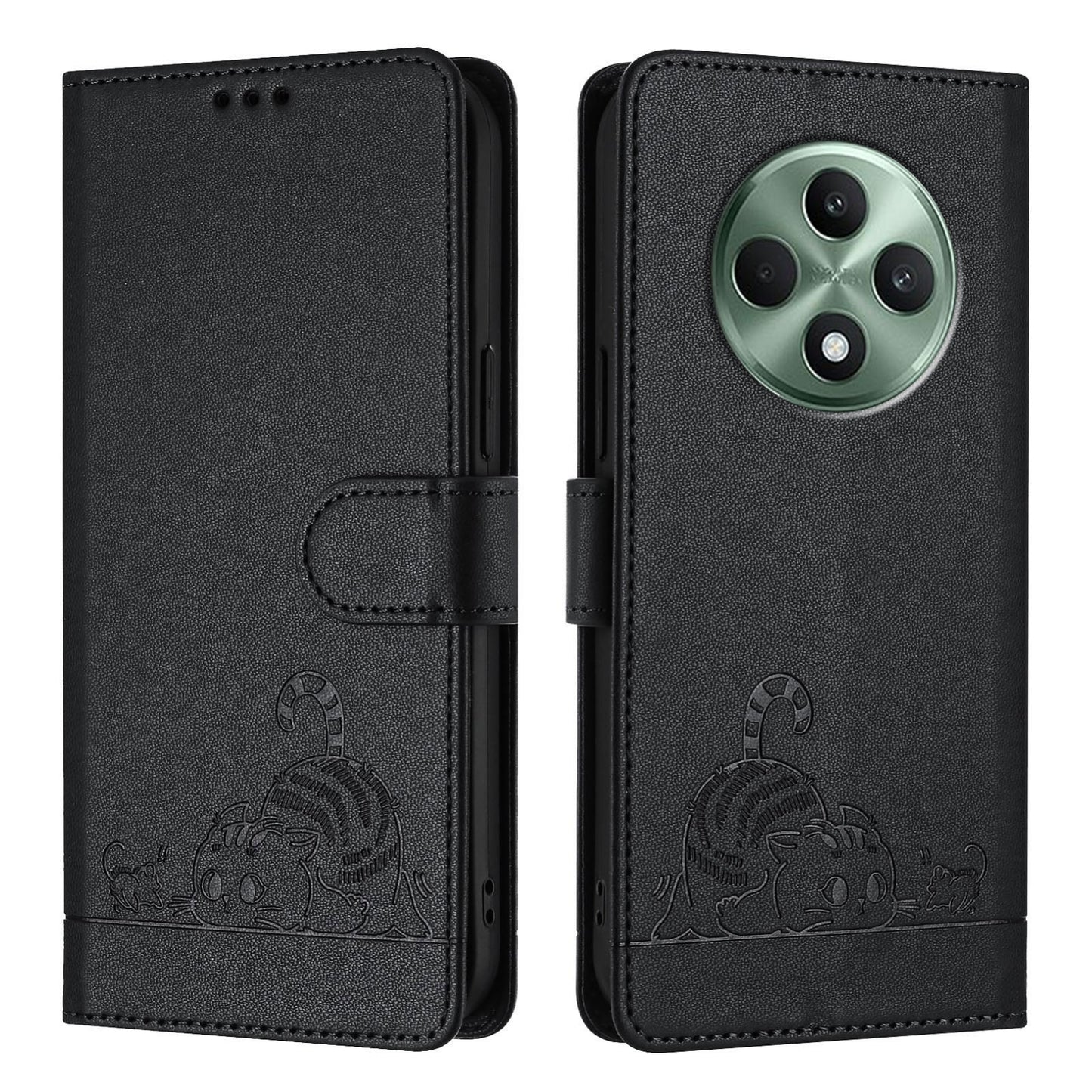 OPPO Reno12 F Global Leather Phone Case with Cat and Rat Embossed Pattern, RFID Protection, Card Holder Slots, Anti-fall Feature & Lanyard