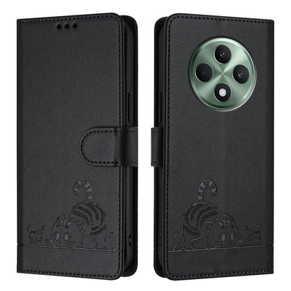 OPPO Reno12 F Global Leather Phone Case with Cat and Rat Embossed Pattern, RFID Protection, Card Holder Slots, Anti-fall Feature & Lanyard