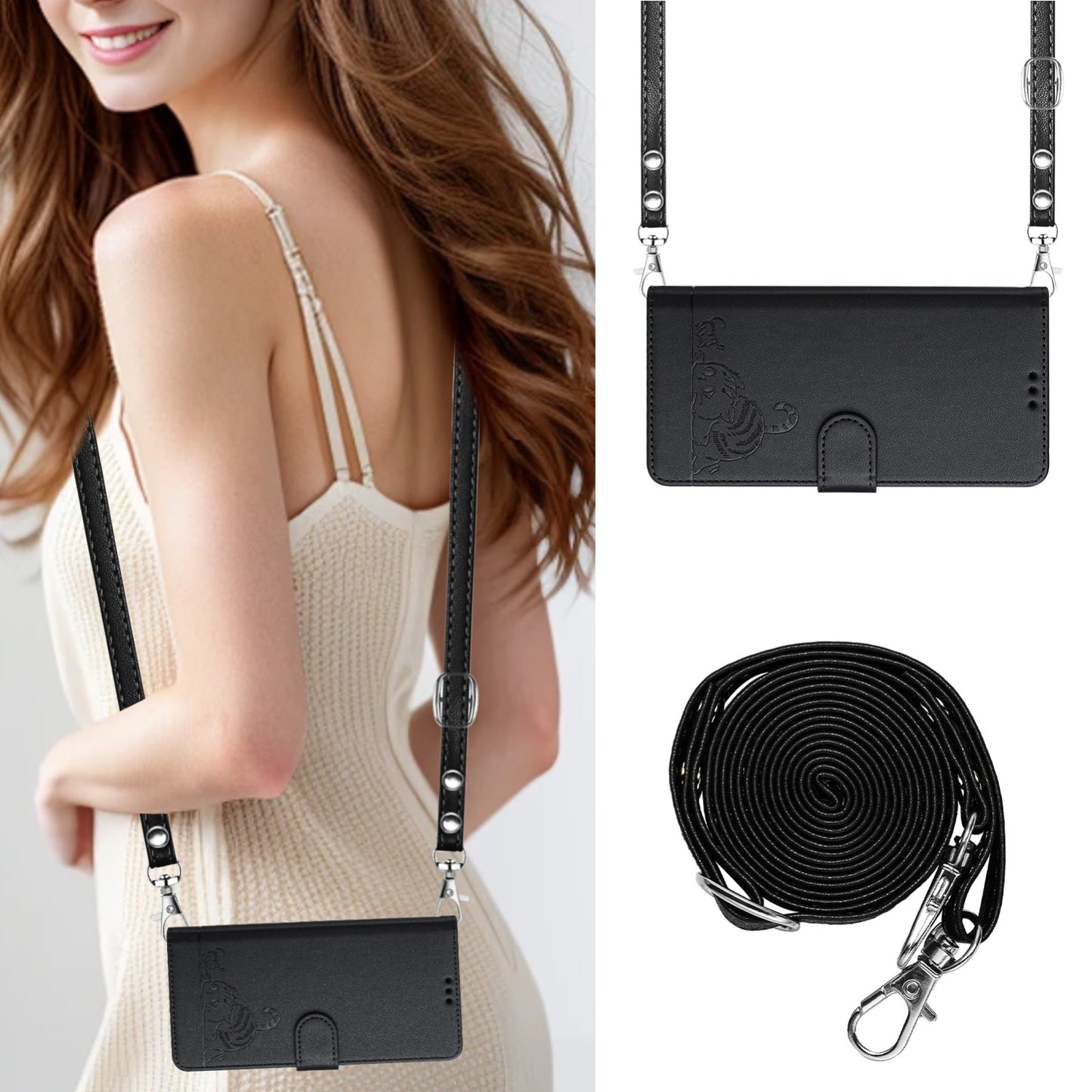 OPPO Reno12 F Global Leather Phone Case with Cat and Rat Embossed Pattern, RFID Protection, Card Holder Slots, Anti-fall Feature & Lanyard