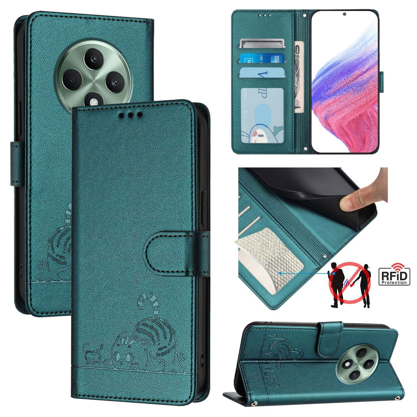 OPPO Reno12 F Global Leather Phone Case with Cat and Rat Embossed Pattern, RFID Protection, Card Holder Slots, Anti-fall Feature & Lanyard