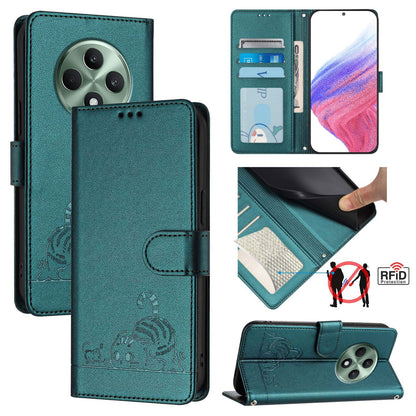 OPPO Reno12 F Global Leather Phone Case with Cat and Rat Embossed Pattern, RFID Protection, Card Holder Slots, Anti-fall Feature & Lanyard