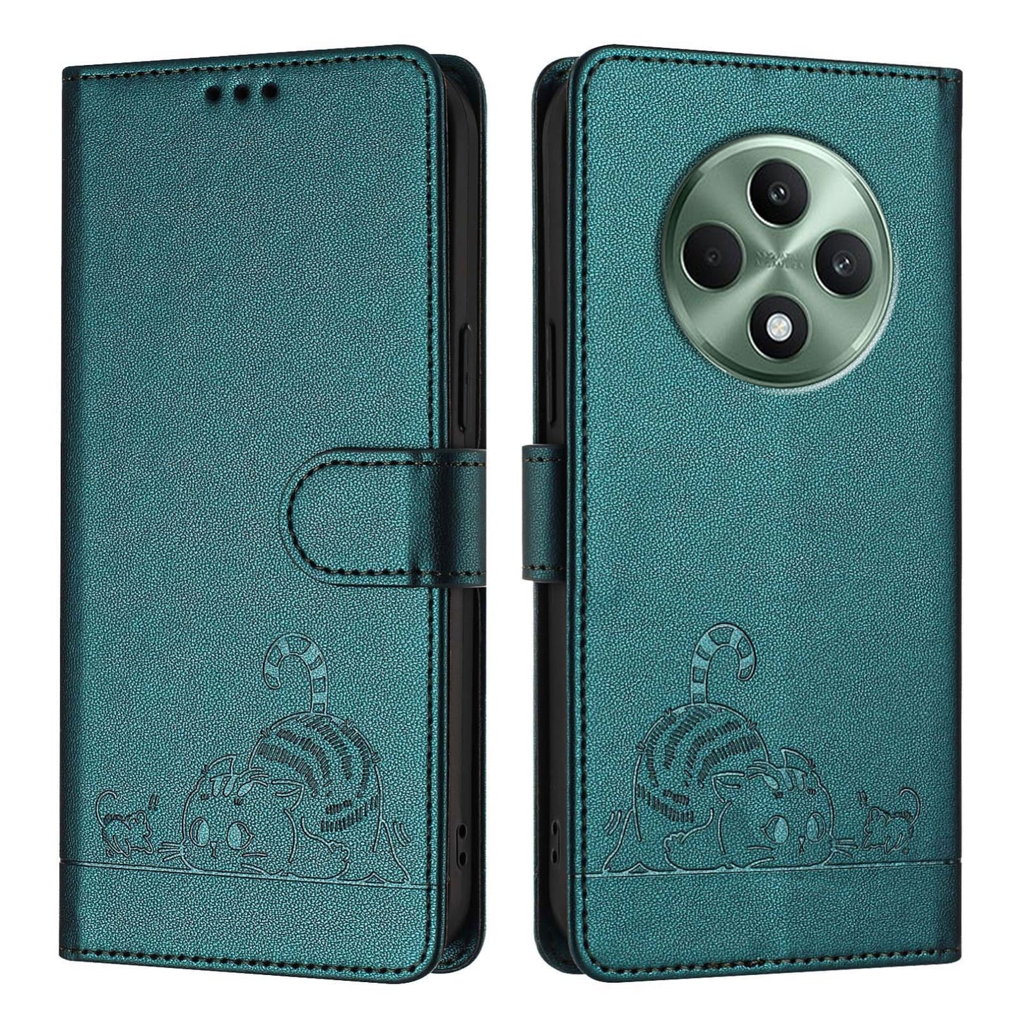 OPPO Reno12 F Global Leather Phone Case with Cat and Rat Embossed Pattern, RFID Protection, Card Holder Slots, Anti-fall Feature & Lanyard