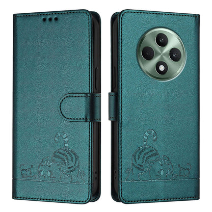 OPPO Reno12 F Global Leather Phone Case with Cat and Rat Embossed Pattern, RFID Protection, Card Holder Slots, Anti-fall Feature & Lanyard