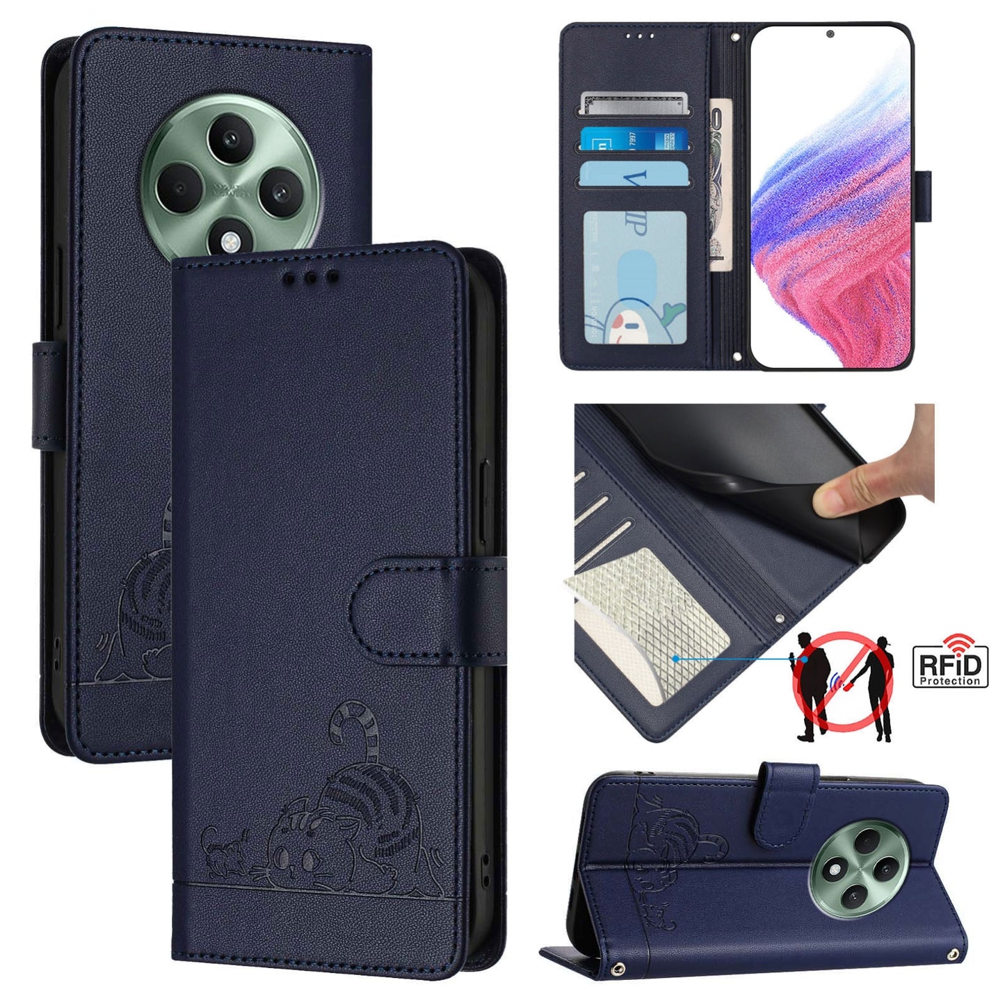 OPPO Reno12 F Global Leather Phone Case with Cat and Rat Embossed Pattern, RFID Protection, Card Holder Slots, Anti-fall Feature & Lanyard