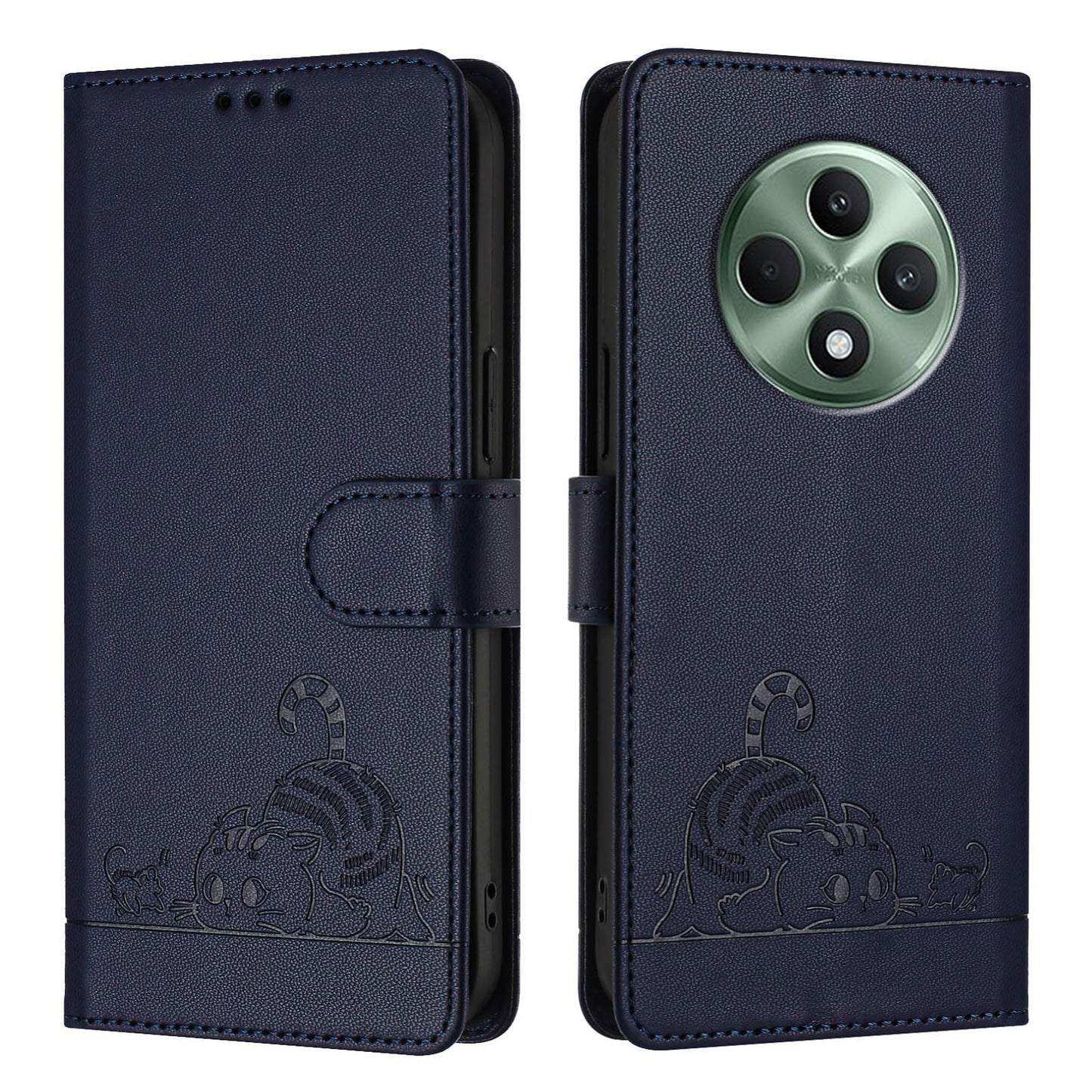 OPPO Reno12 F Global Leather Phone Case with Cat and Rat Embossed Pattern, RFID Protection, Card Holder Slots, Anti-fall Feature & Lanyard