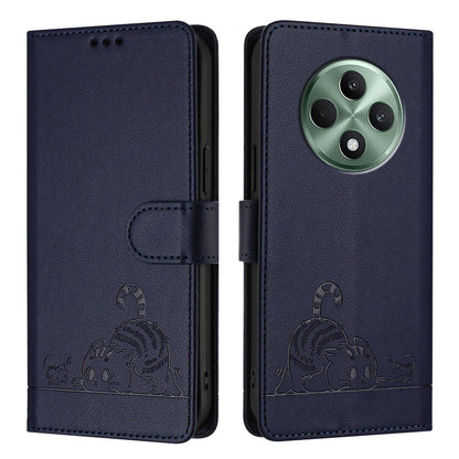 OPPO Reno12 F Global Leather Phone Case with Cat and Rat Embossed Pattern, RFID Protection, Card Holder Slots, Anti-fall Feature & Lanyard