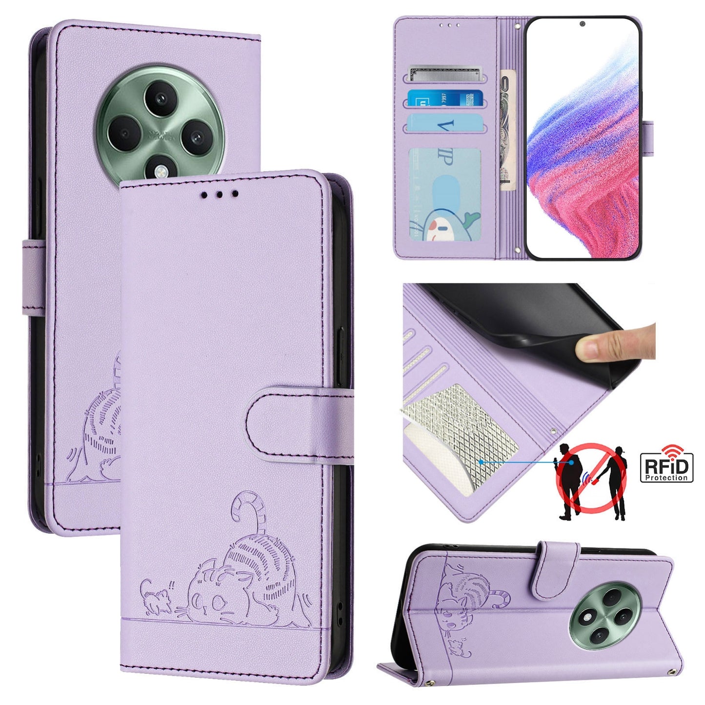 OPPO Reno12 F Global Leather Phone Case with Cat and Rat Embossed Pattern, RFID Protection, Card Holder Slots, Anti-fall Feature & Lanyard