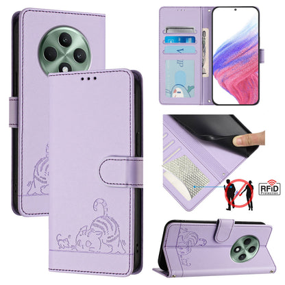 OPPO Reno12 F Global Leather Phone Case with Cat and Rat Embossed Pattern, RFID Protection, Card Holder Slots, Anti-fall Feature & Lanyard