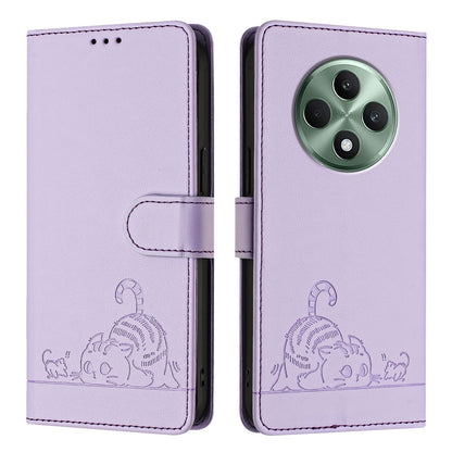 OPPO Reno12 F Global Leather Phone Case with Cat and Rat Embossed Pattern, RFID Protection, Card Holder Slots, Anti-fall Feature & Lanyard
