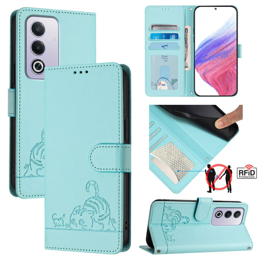 OPPO A3 Pro 5G Global Leather Phone Case with Cat and Rat Embossed Pattern, RFID Protection, Card Holder Slots, Anti-fall Feature & Lanyard