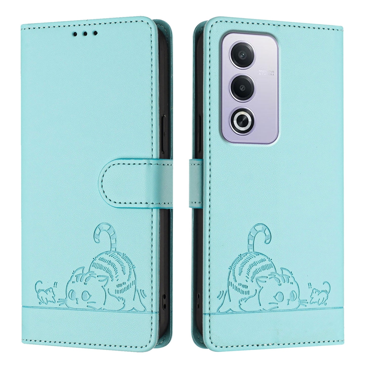 OPPO A3 Pro 5G Global Leather Phone Case with Cat and Rat Embossed Pattern, RFID Protection, Card Holder Slots, Anti-fall Feature & Lanyard