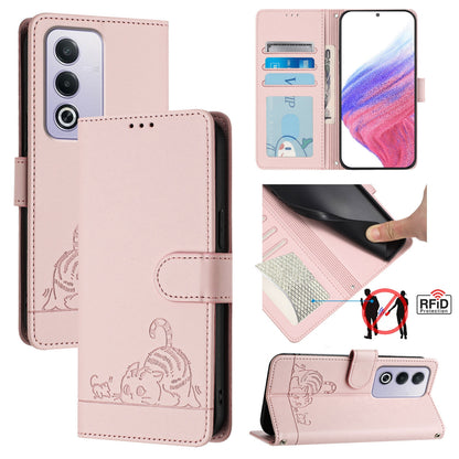 OPPO A3 Pro 5G Global Leather Phone Case with Cat and Rat Embossed Pattern, RFID Protection, Card Holder Slots, Anti-fall Feature & Lanyard