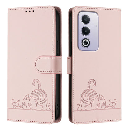 OPPO A3 Pro 5G Global Leather Phone Case with Cat and Rat Embossed Pattern, RFID Protection, Card Holder Slots, Anti-fall Feature & Lanyard