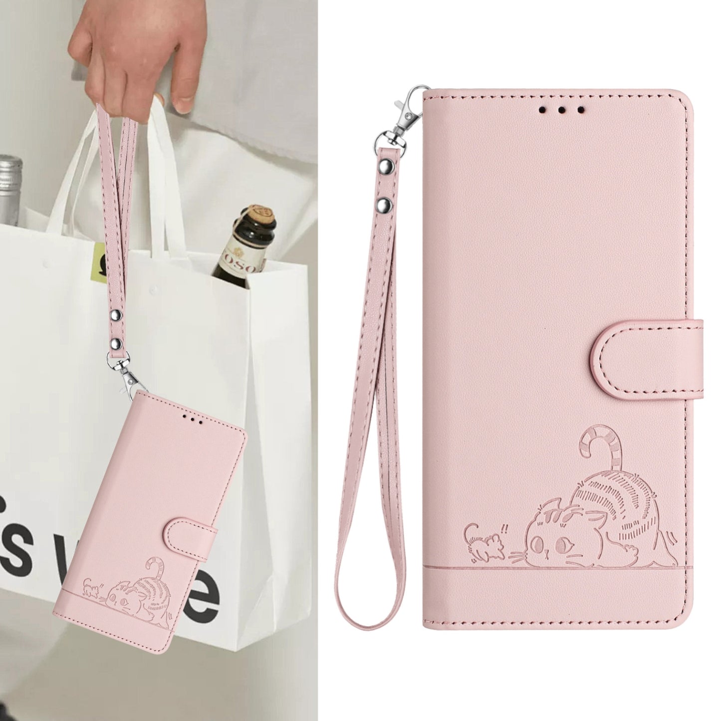 OPPO A3 Pro 5G Global Leather Phone Case with Cat and Rat Embossed Pattern, RFID Protection, Card Holder Slots, Anti-fall Feature & Lanyard
