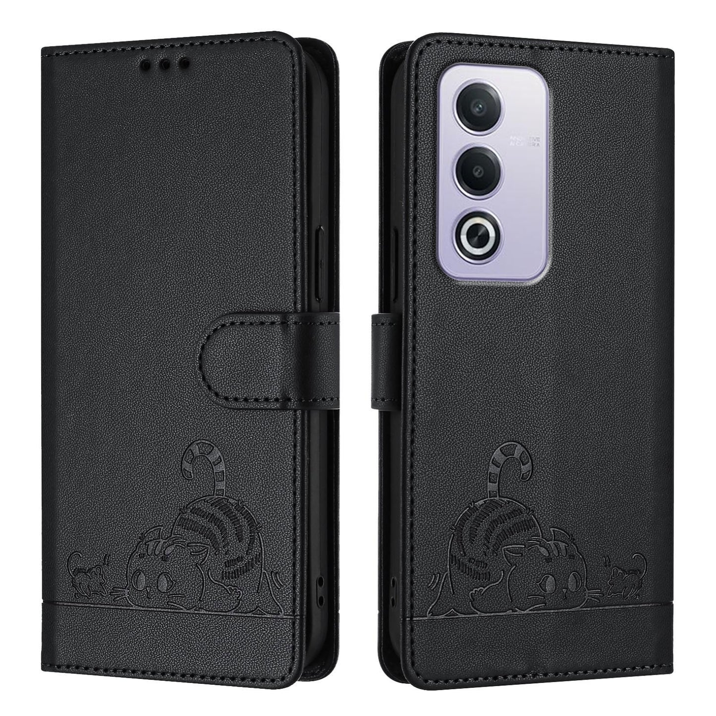 OPPO A3 Pro 5G Global Leather Phone Case with Cat and Rat Embossed Pattern, RFID Protection, Card Holder Slots, Anti-fall Feature & Lanyard