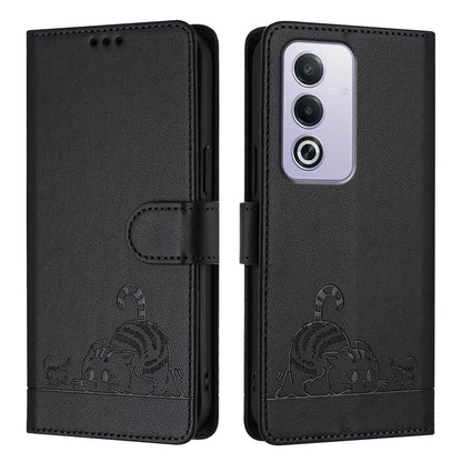 OPPO A3 Pro 5G Global Leather Phone Case with Cat and Rat Embossed Pattern, RFID Protection, Card Holder Slots, Anti-fall Feature & Lanyard
