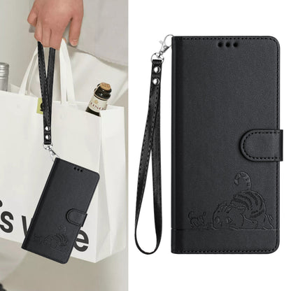 OPPO A3 Pro 5G Global Leather Phone Case with Cat and Rat Embossed Pattern, RFID Protection, Card Holder Slots, Anti-fall Feature & Lanyard