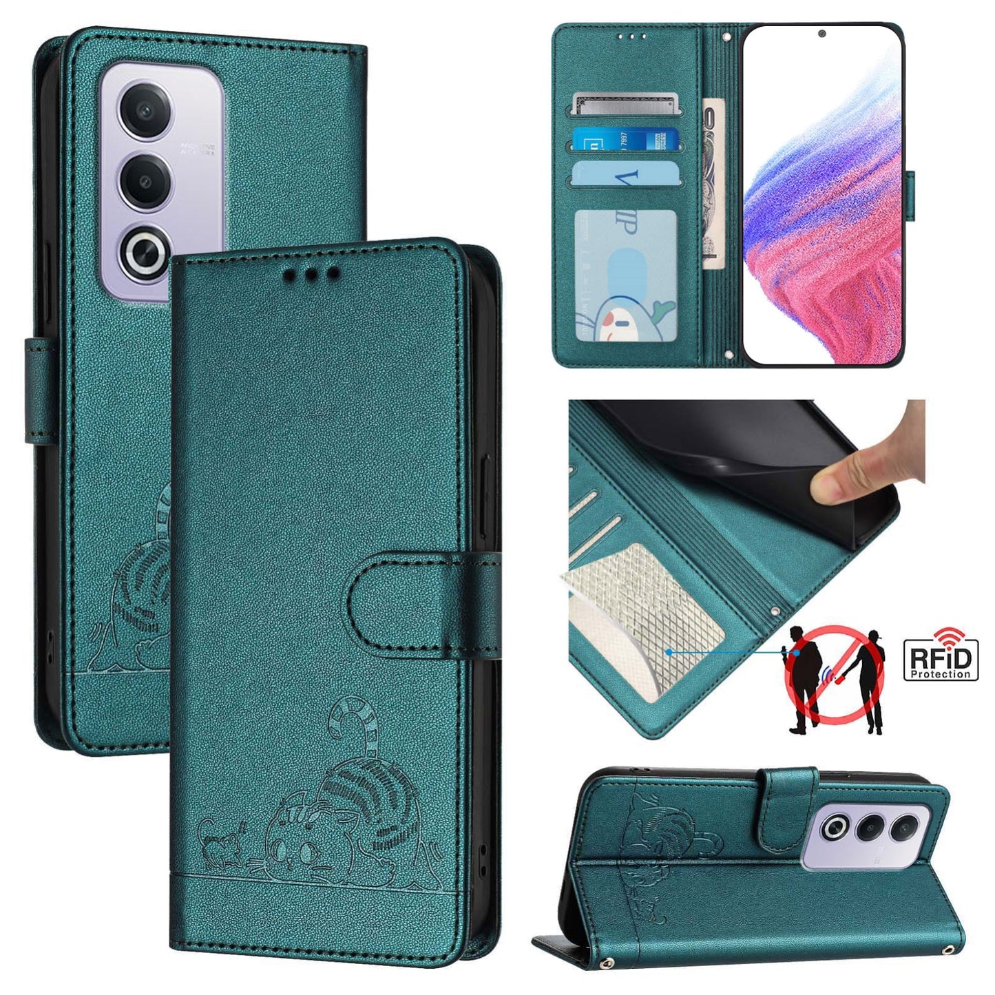 OPPO A3 Pro 5G Global Leather Phone Case with Cat and Rat Embossed Pattern, RFID Protection, Card Holder Slots, Anti-fall Feature & Lanyard