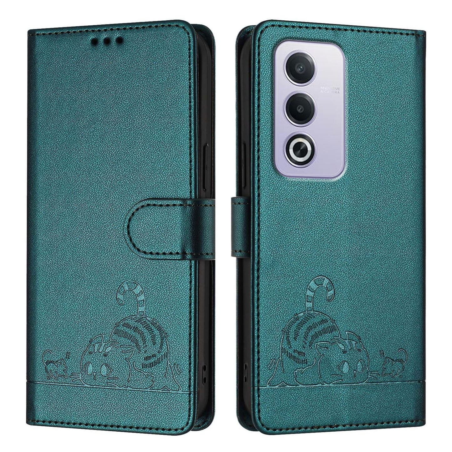 OPPO A3 Pro 5G Global Leather Phone Case with Cat and Rat Embossed Pattern, RFID Protection, Card Holder Slots, Anti-fall Feature & Lanyard