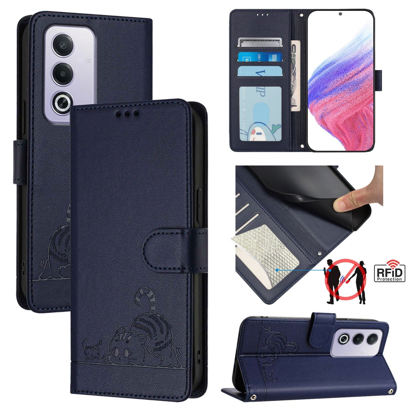 OPPO A3 Pro 5G Global Leather Phone Case with Cat and Rat Embossed Pattern, RFID Protection, Card Holder Slots, Anti-fall Feature & Lanyard