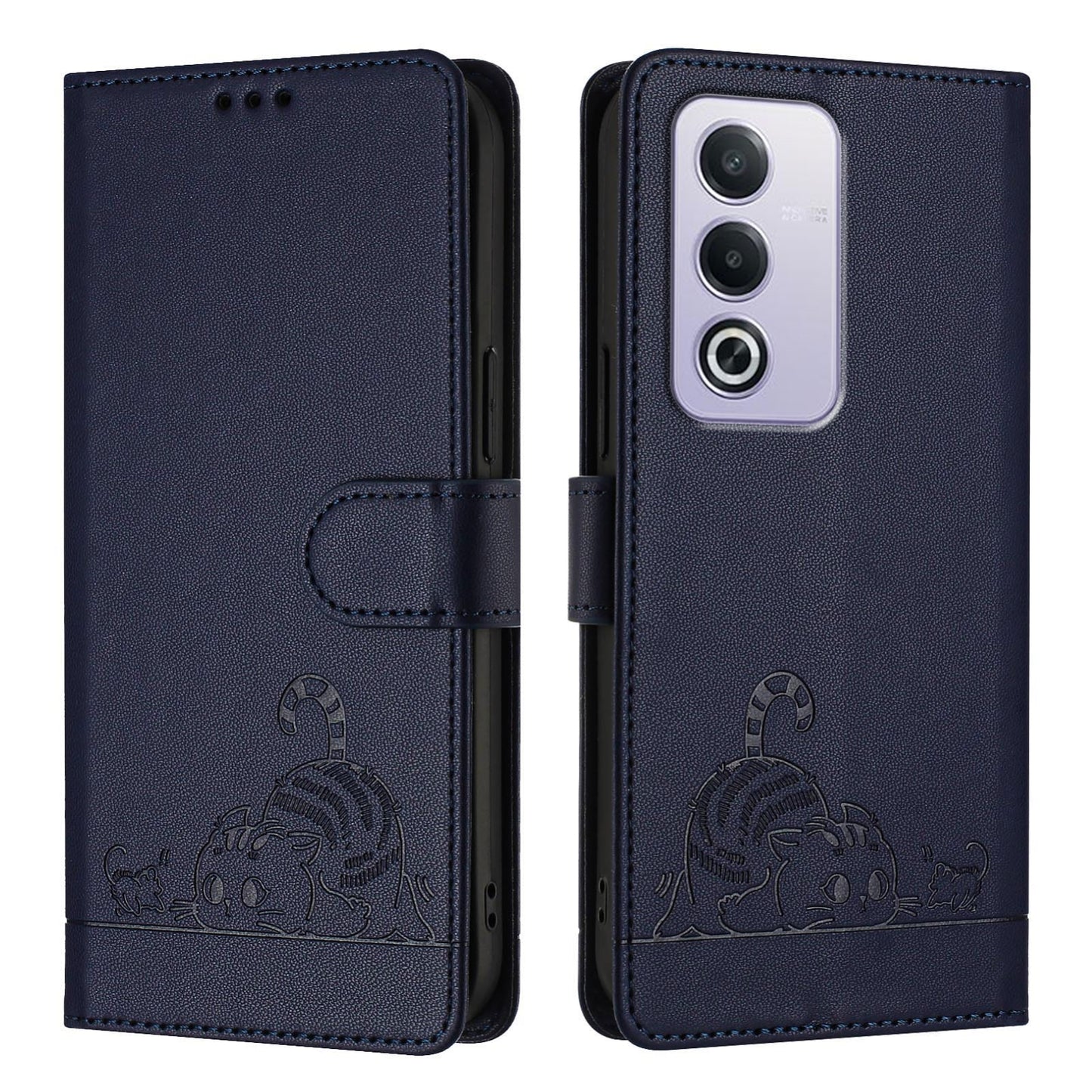 OPPO A3 Pro 5G Global Leather Phone Case with Cat and Rat Embossed Pattern, RFID Protection, Card Holder Slots, Anti-fall Feature & Lanyard