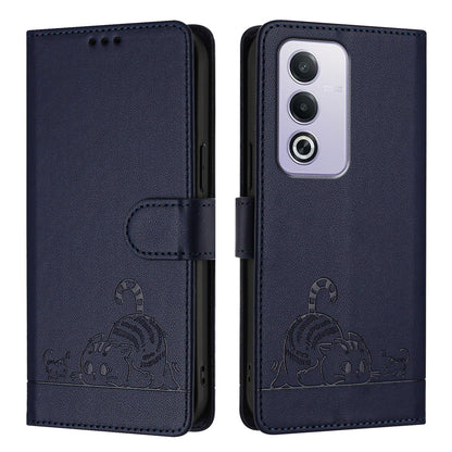 OPPO A3 Pro 5G Global Leather Phone Case with Cat and Rat Embossed Pattern, RFID Protection, Card Holder Slots, Anti-fall Feature & Lanyard