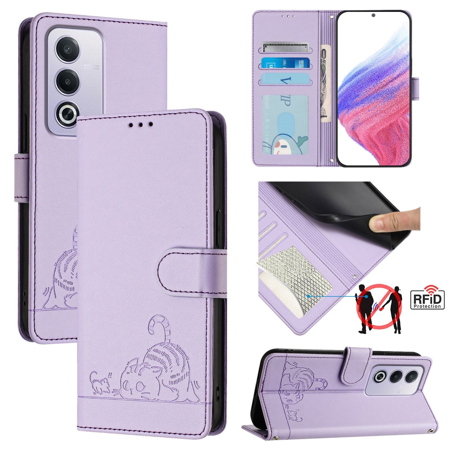 OPPO A3 Pro 5G Global Leather Phone Case with Cat and Rat Embossed Pattern, RFID Protection, Card Holder Slots, Anti-fall Feature & Lanyard